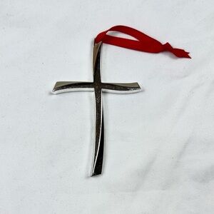 Nambe Silver Cross Christmas Ornament with Red Ribbon